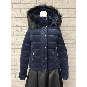 Royal Matrix Women Navy Removable Faux Fur Hoodie Quilted Coat Size XS